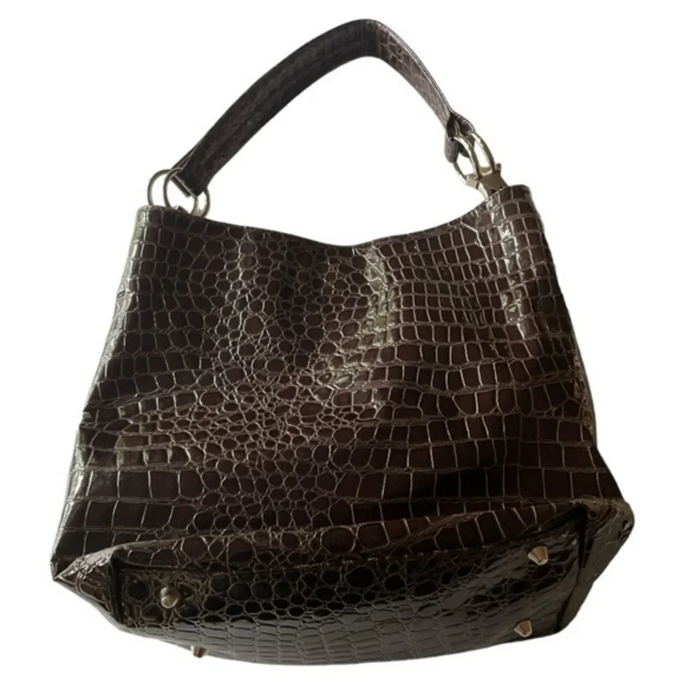 Braciano‎ Croc Embossed Faux Patent Hobo Shoulder Bag Purse Brown Large Glam